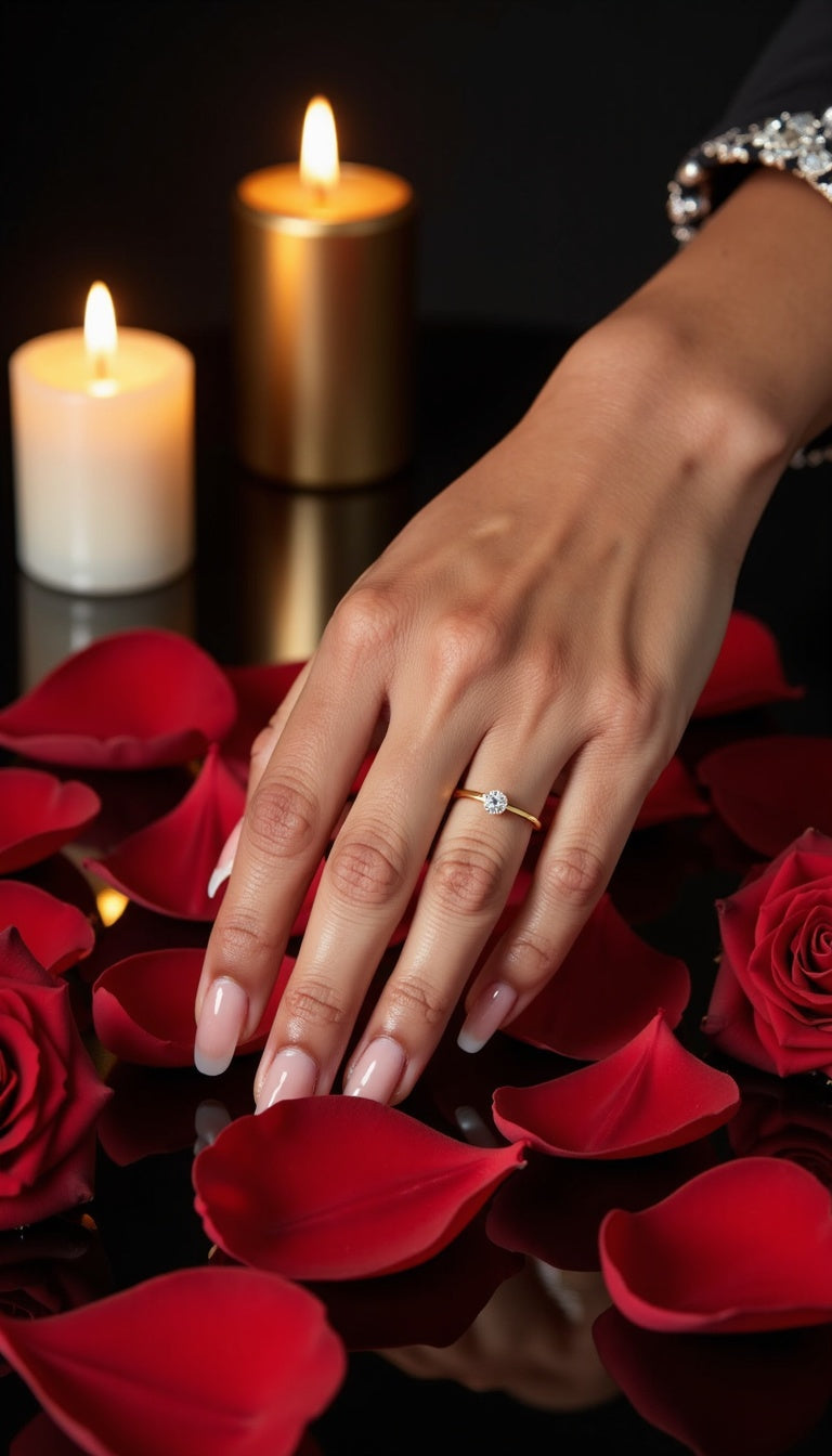 Eine Hand mit einem goldenen Solitärring ruht auf einer spiegelnden Oberfläche, umgeben von roten Rosenblättern. Im Hintergrund stehen zwei brennende Kerzen.