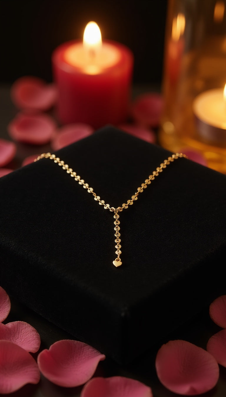 Feine, goldene Halskette mit kleinem Herzanhänger, stilvoll auf schwarzem Schmuckkästchen und Rosenblättern, im Kerzenschein.